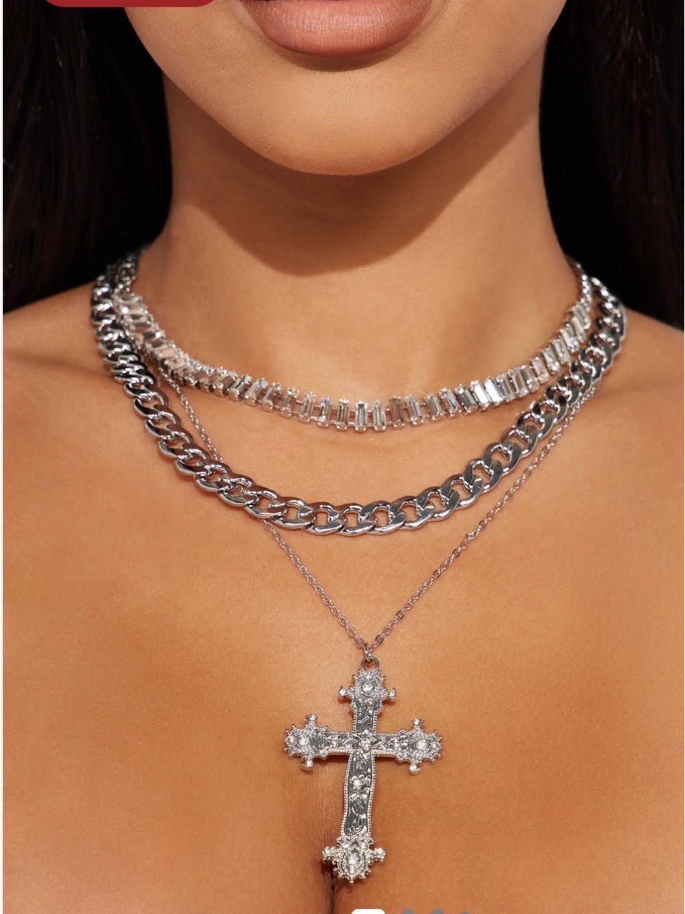 Silver Layered Cross Pendant Necklace Set - Women Jewelry